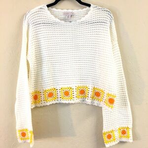 Sincerely Jules Long Sleeve Crochet Knit Sweater Large Sunflowers
